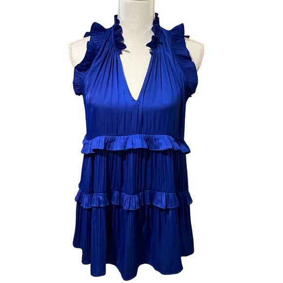 Anthropologie Tiered Ruffle Babydoll Top Size S Royal Blue Y2K Feminine Boho - Picture 1 of 12